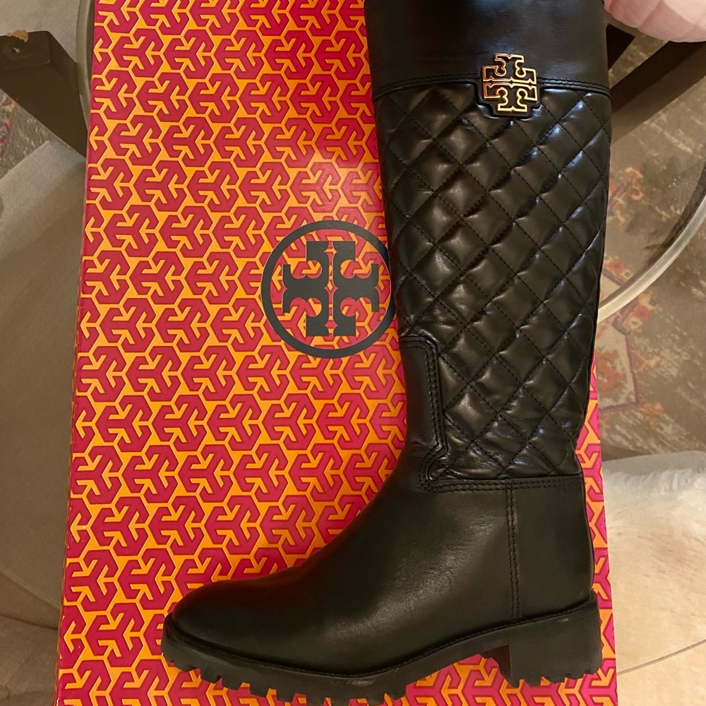 Tory Burch Black Quilted Moto Boots with Gold Accent